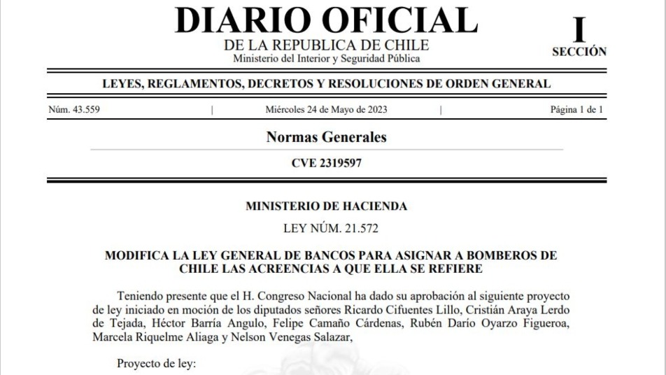 Diario Oficial publicó la Ley de Acreencias Bancarias para Bomberos de Chile