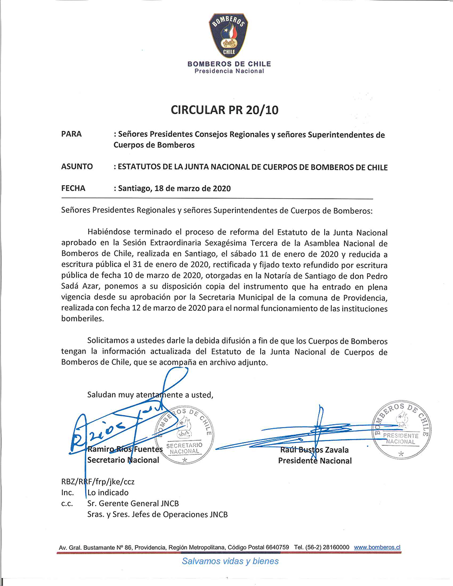 CIRCULAR PR 20-10 sobre Estatutos de la JNCB