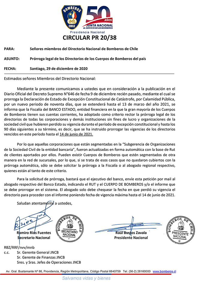 Circular PR 20-38 Prórroga legal de los Directorios de los Cuerpos de Bomberos del país