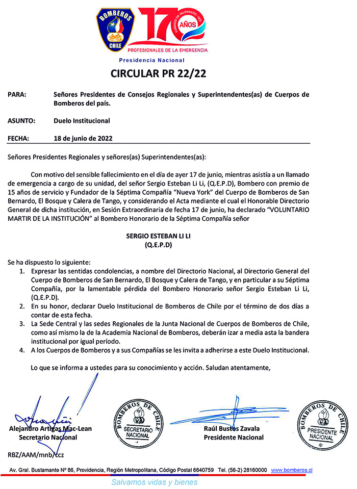 Circular PR 22 22 Duelo Institucional Sergio Li