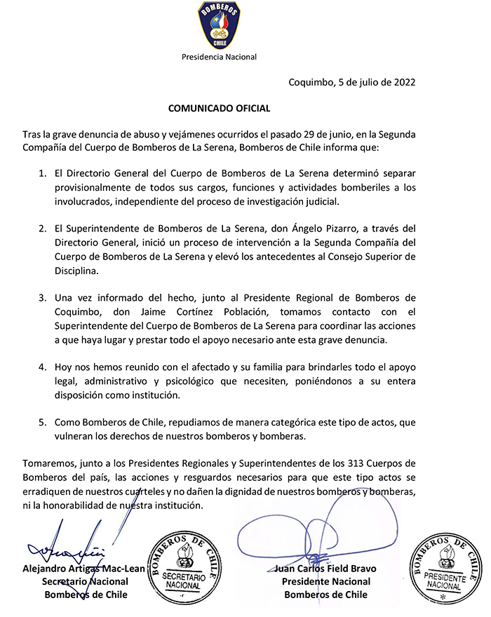 Comunicado Oficial Bomberos Chile