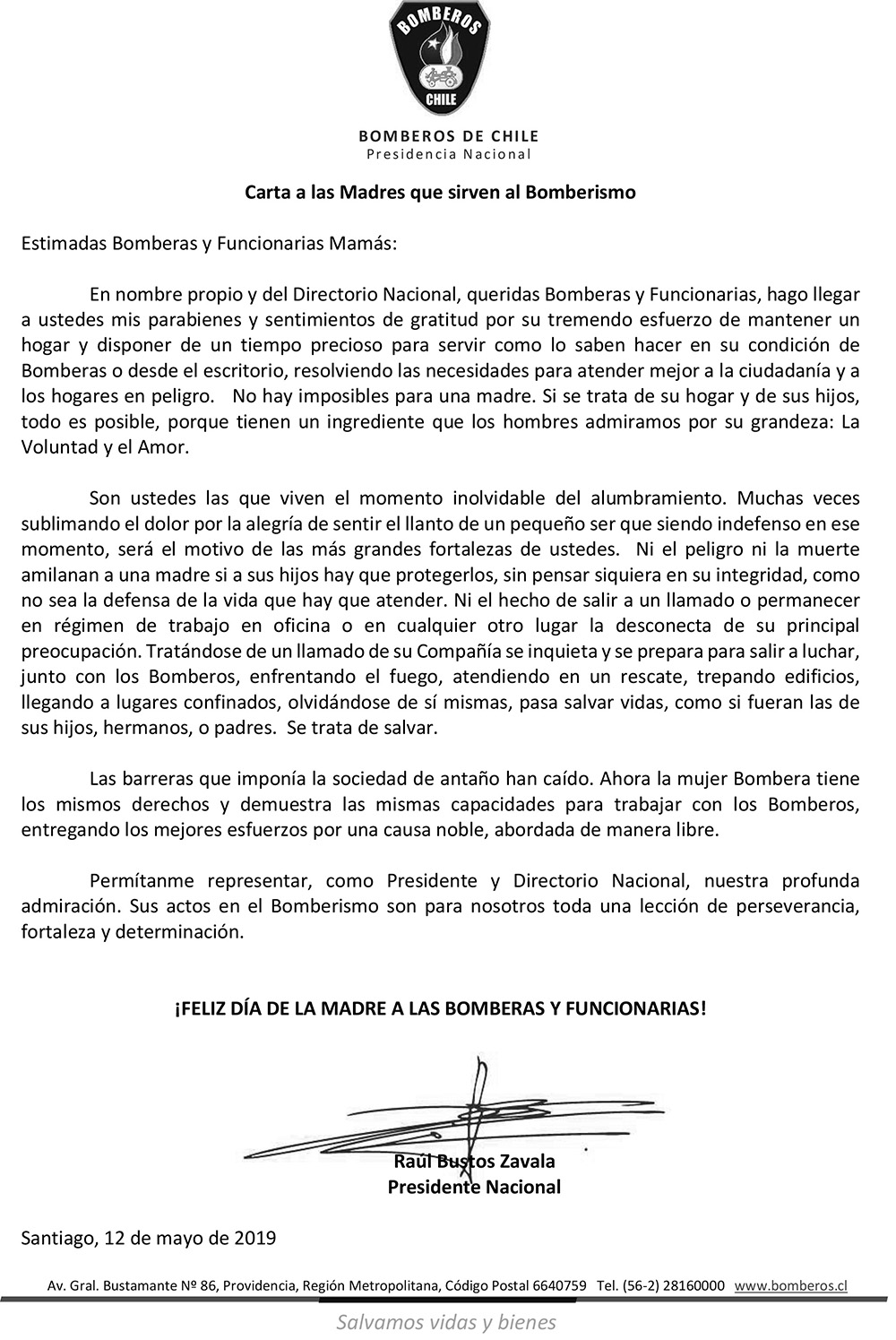 Saludo PresidenteBomberos DíaMadre