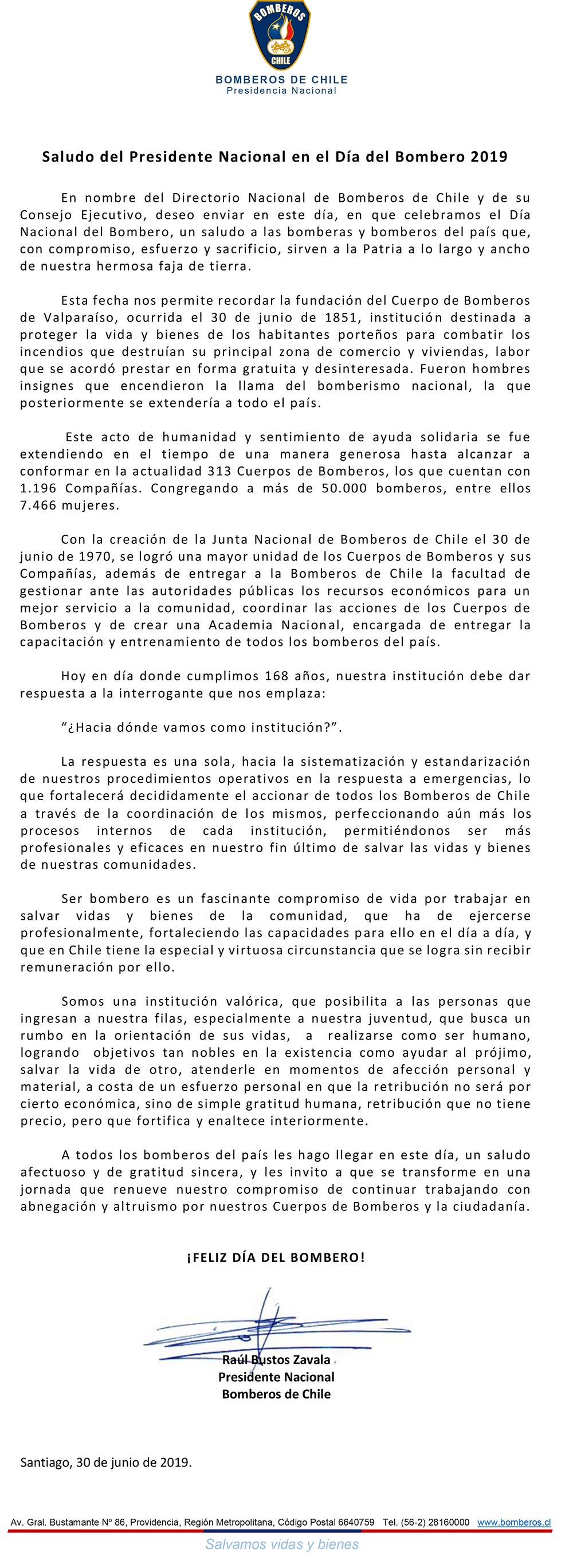 Saludo Presidente Nacional por Día del Bombero 2019